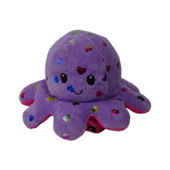 Reversible Metallic Heart Plush Octopus Toy Happy and Angry Pink and Purple - Picture 2 of 6